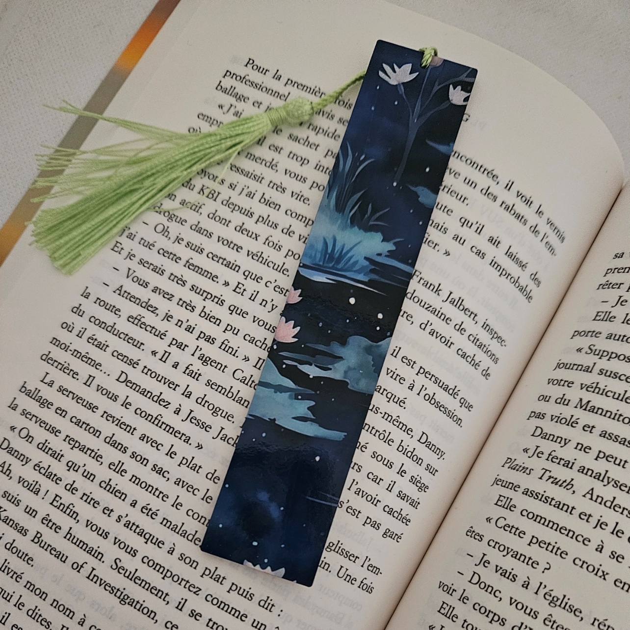 Marque page personnalisé avec un pompon vert qui représente des fleurs de couleur rose, des roseaux, des étoiles et un fond noir exposé sur un livre ouvert