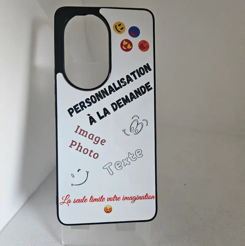 Coque de téléphone avec les inscriptions "Personnalisation à la demande, image, photo, texte, La seule limite votre imagination" et des images de smiley.